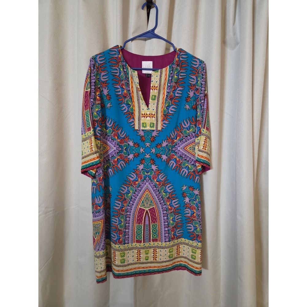 Nicole Miller Studio Blue Dashiki Print V-Neck Lined Shift Dress Womens Medium
